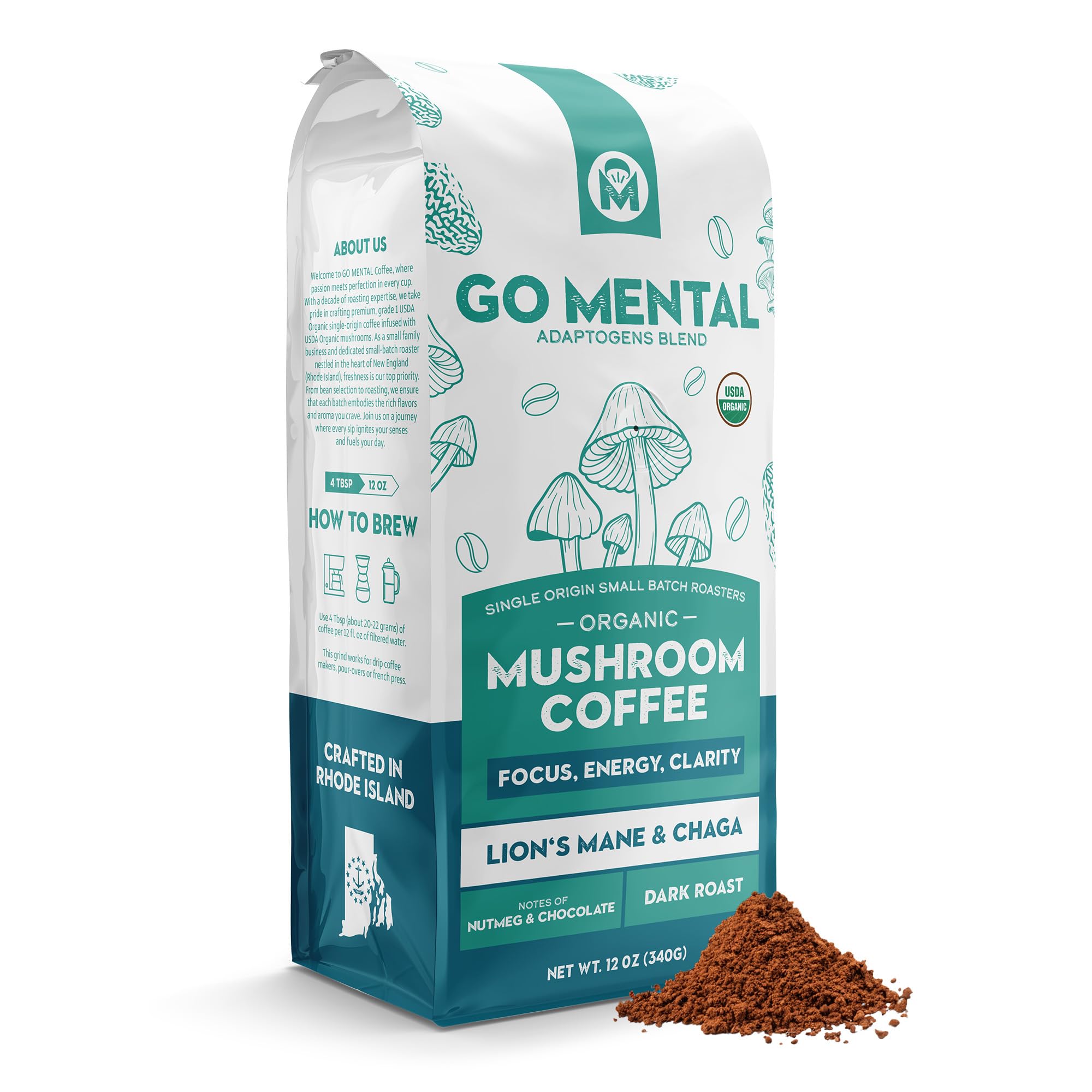 GO MENTAL organic lions mane chaga coffee ground pack for daily ritual.
