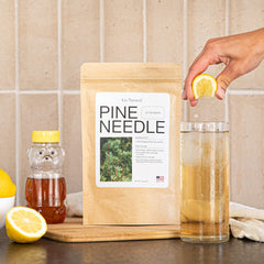 Go Natural pine needle tea in a cup, elevating daily ritual and wellness.