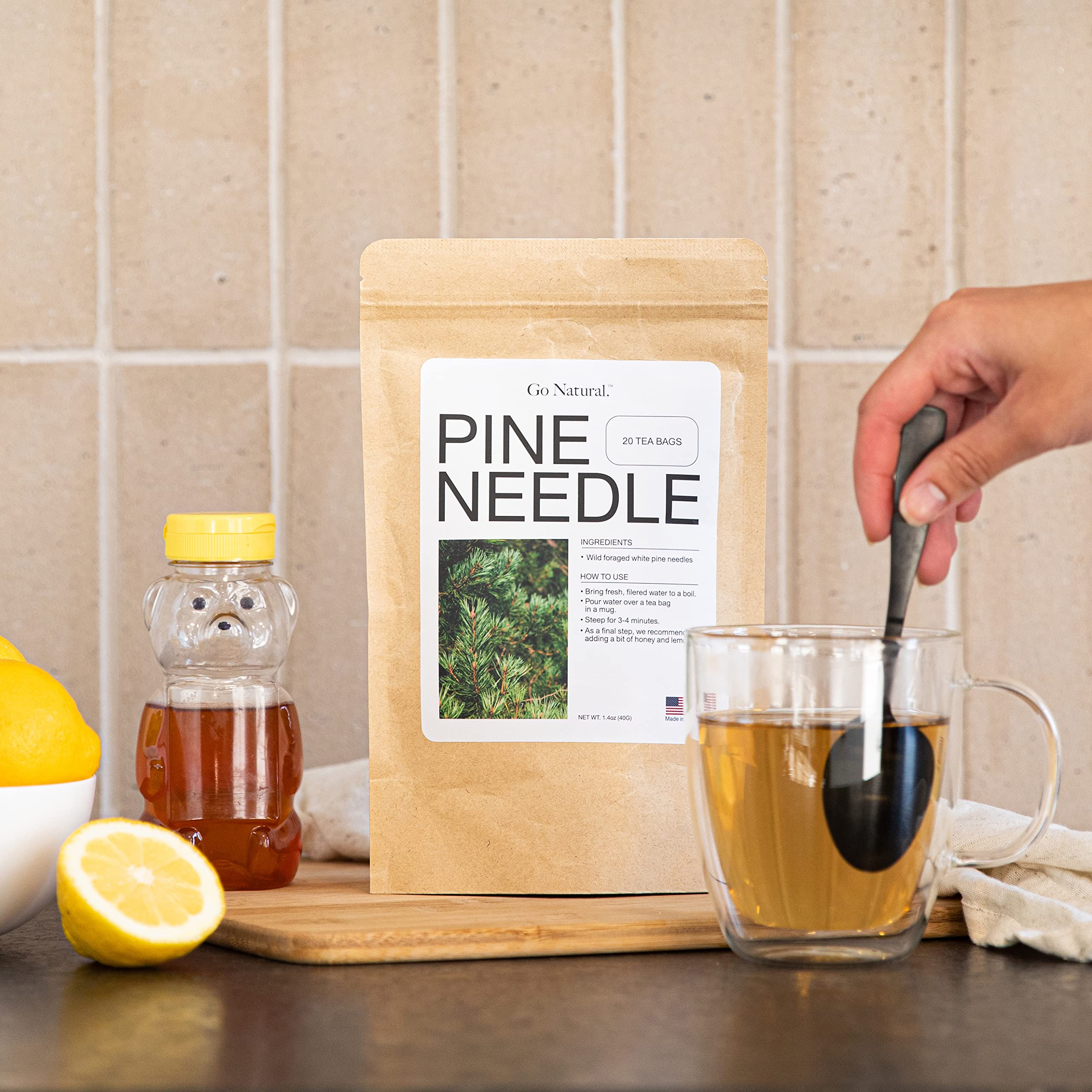 Go Natural northern white pine needles close-up, USA wild-foraging and natural flavor.