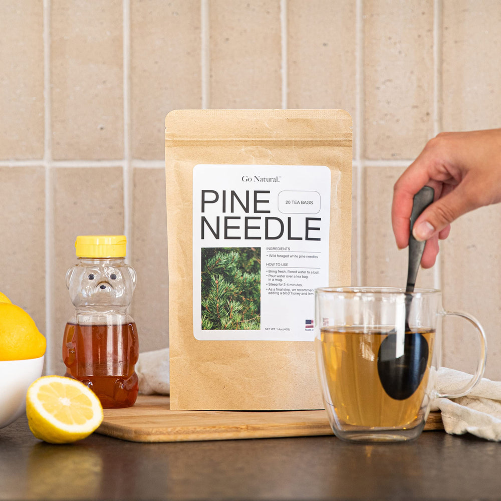 Go Natural northern white pine needles close-up, USA wild-foraging and natural flavor.