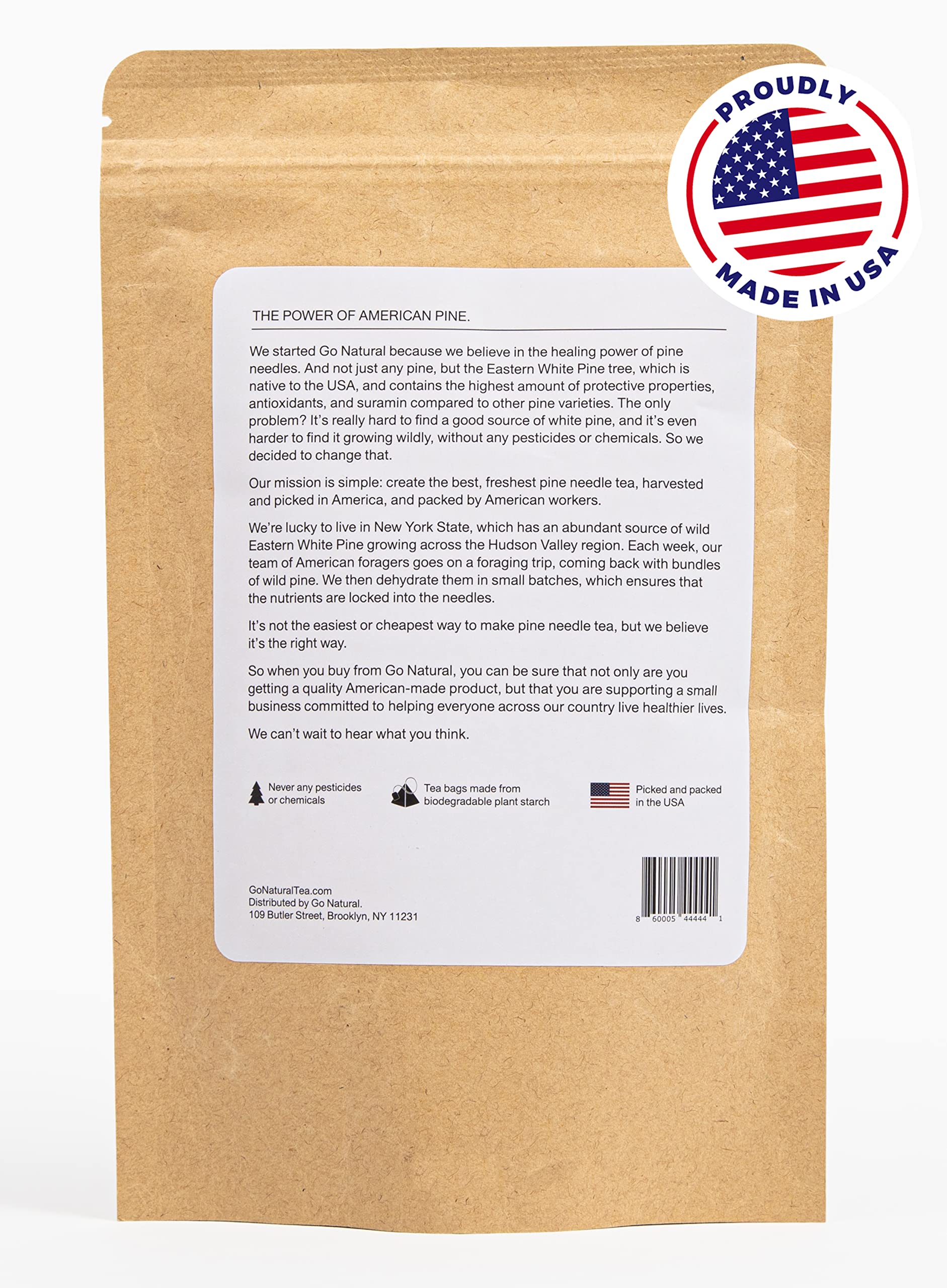 Go Natural pine needle tea brew with steam and cup, highlighting antioxidant potential.