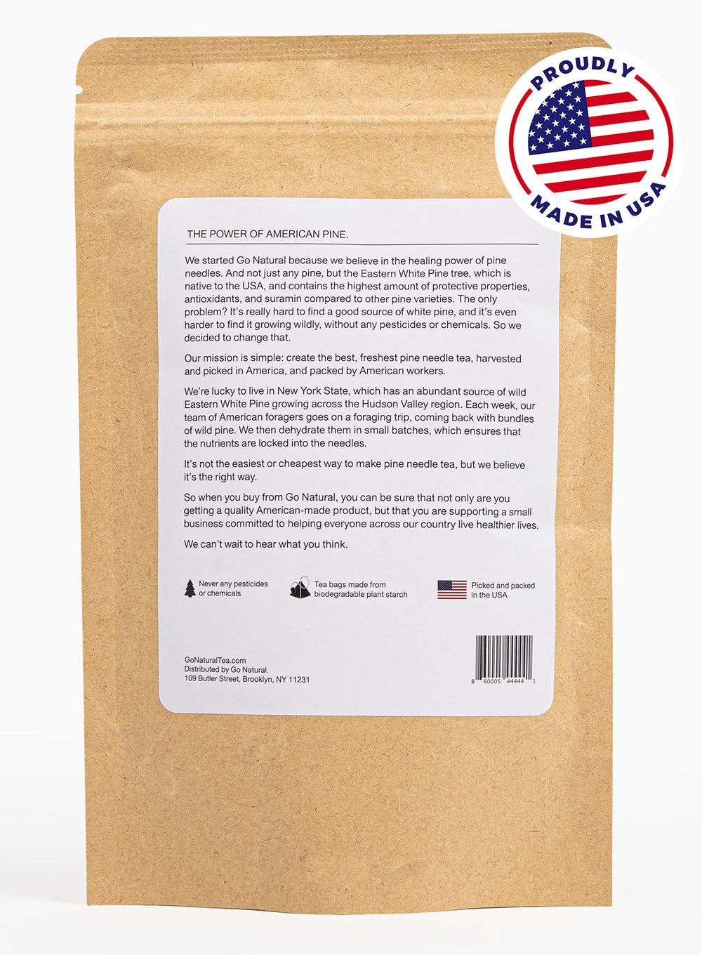 Go Natural pine needle tea brew with steam and cup, highlighting antioxidant potential.