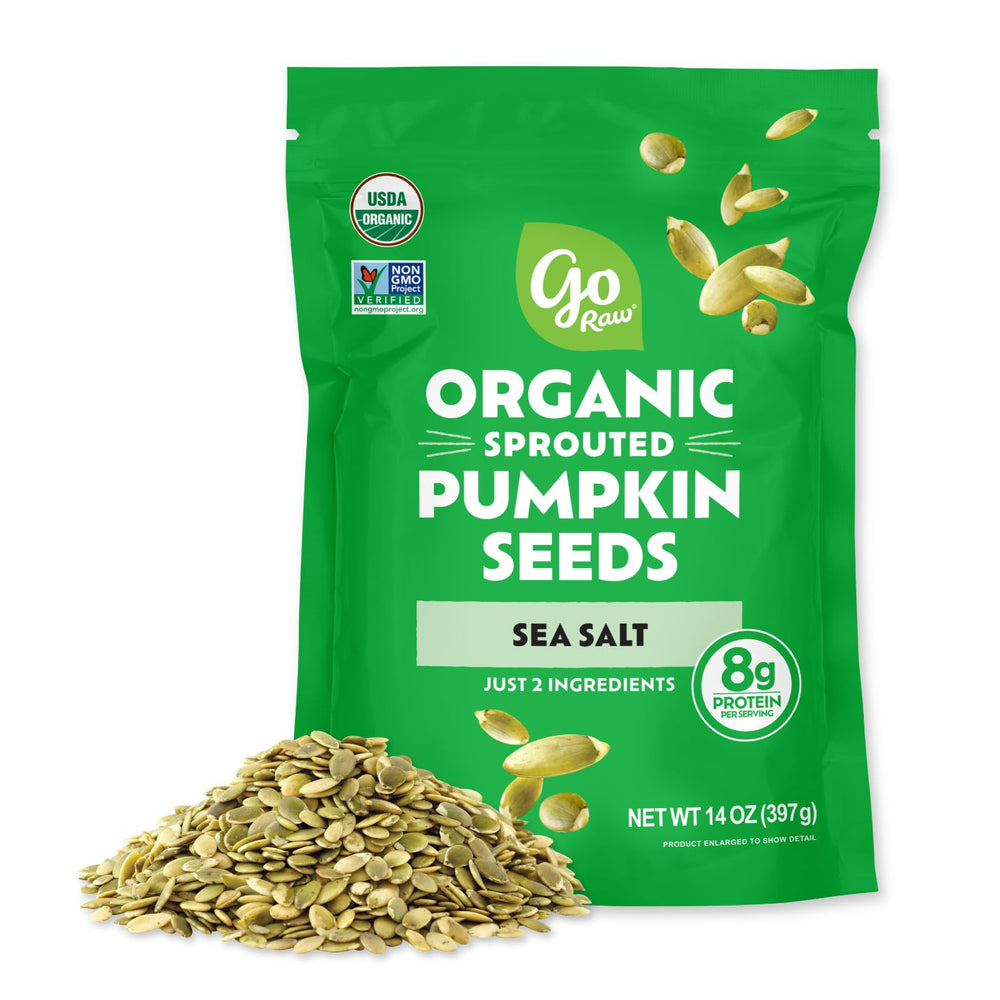 Go Raw Organic Sprouted Pumpkin Seeds in a bowl for a crunchy, fiber-friendly snack