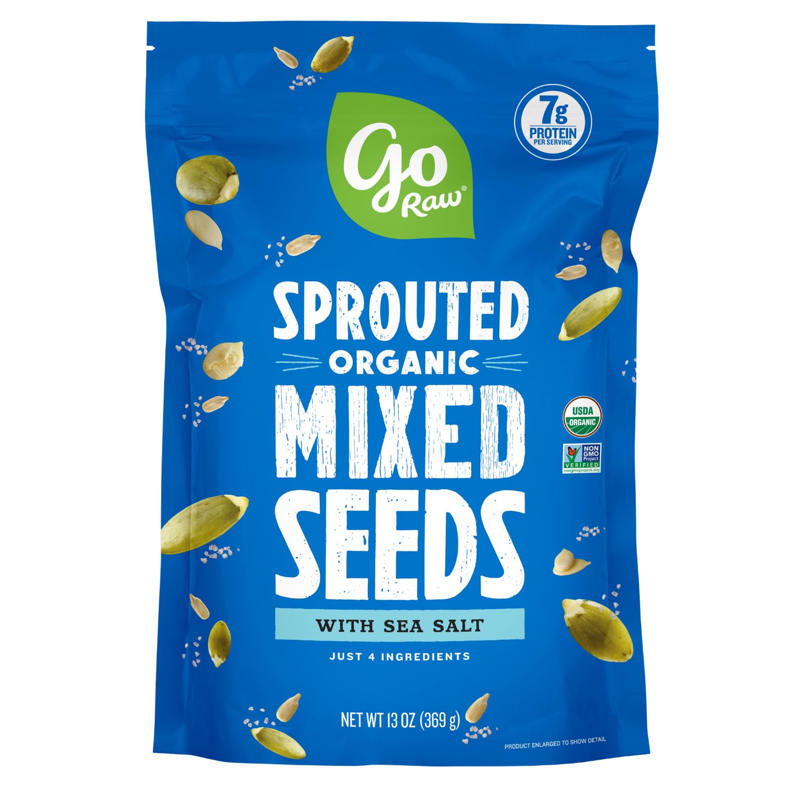 Go Raw Organic Sprouted Mixed Seeds pouch front for protein-rich snacking on the go.