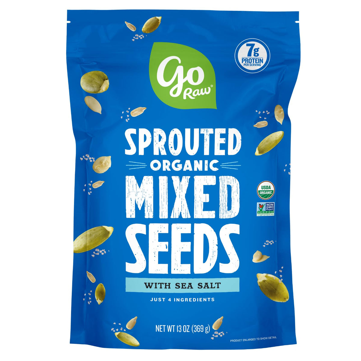 Go Raw Organic Sprouted Mixed Seeds pouch front for protein-rich snacking on the go.