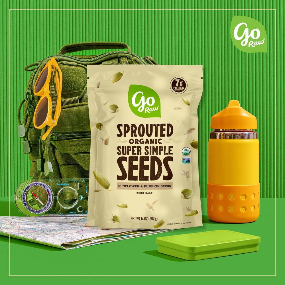 Go Raw sprouted seeds close-up shows light crunch and natural color