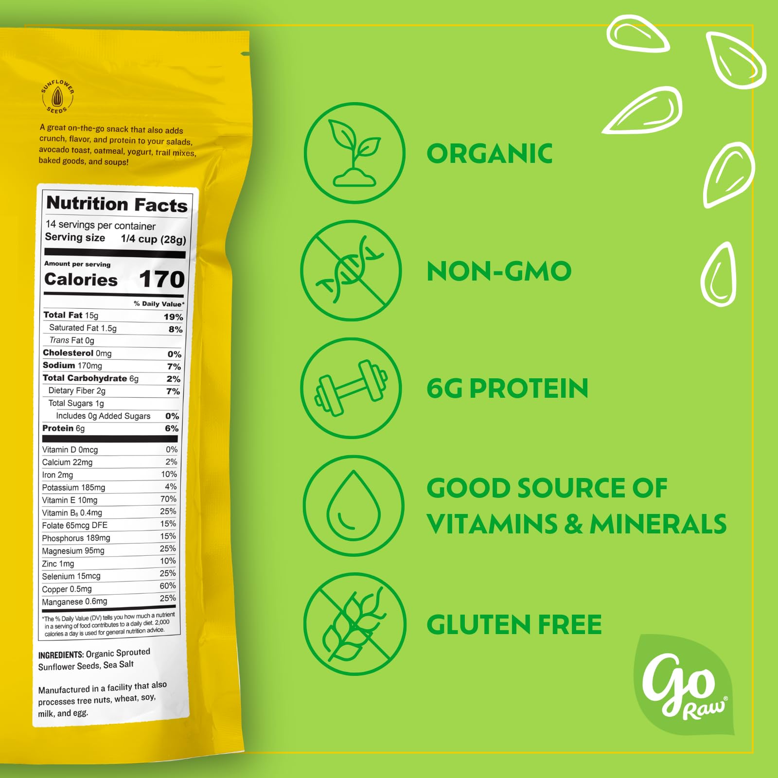 Close-up texture of Go Raw sprouted sunflower seeds, crunchy and nutrient-dense.