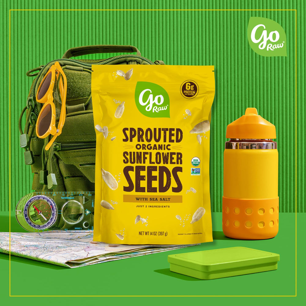 Go Raw sprouted sunflower seeds sea salt, protein-rich on-the-go snack.