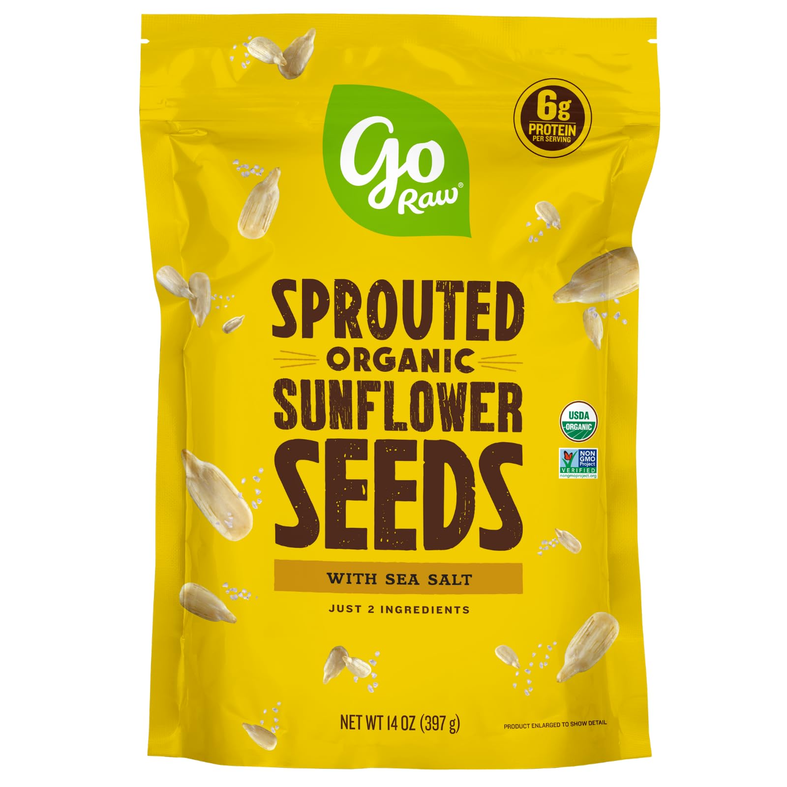 Go Raw sprouted sunflower seeds in sea salt, in a standup pouch for on-the-go snacking.