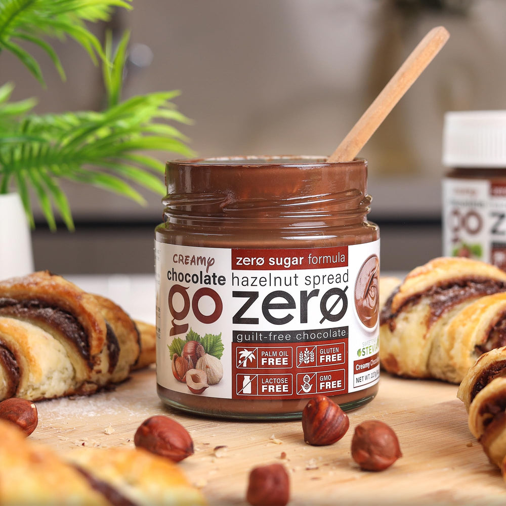 Close-up texture of Go Zero hazelnut cream on bread.