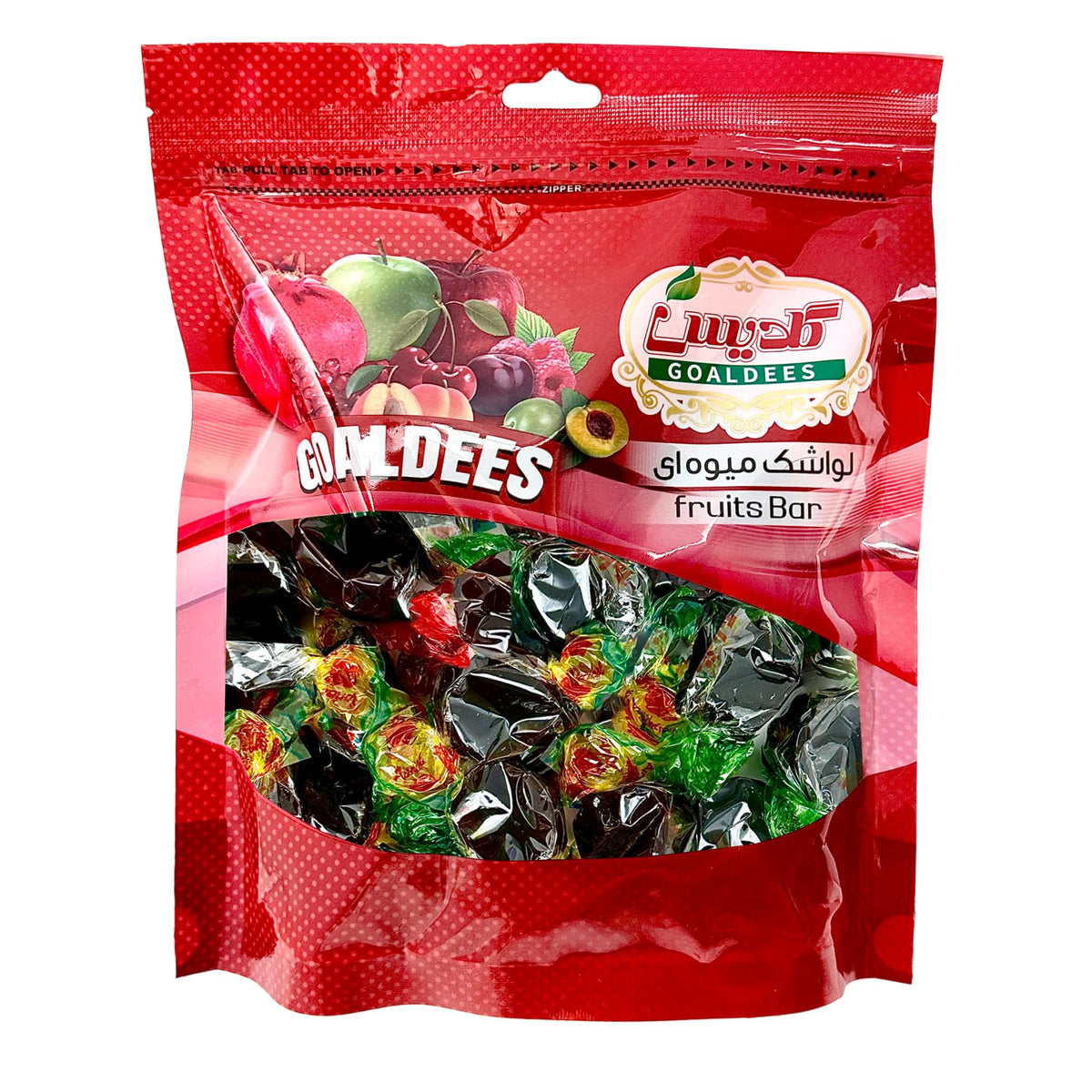 GOALDEES sour bite-size lavashak piece close-up, tangy real-fruit flavor ideal for snacking