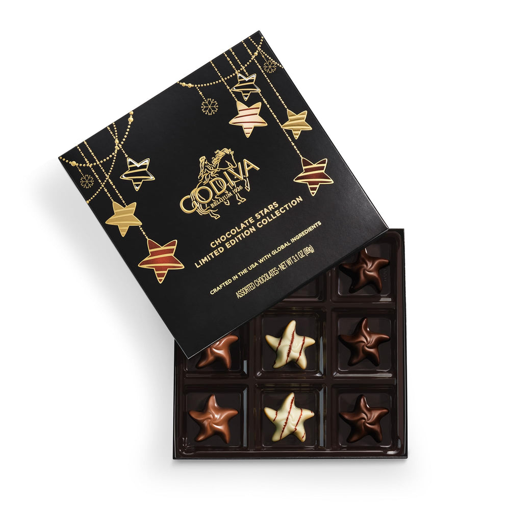 Godiva Holiday Stars collection gift box showcasing star chocolates for festive gifting
