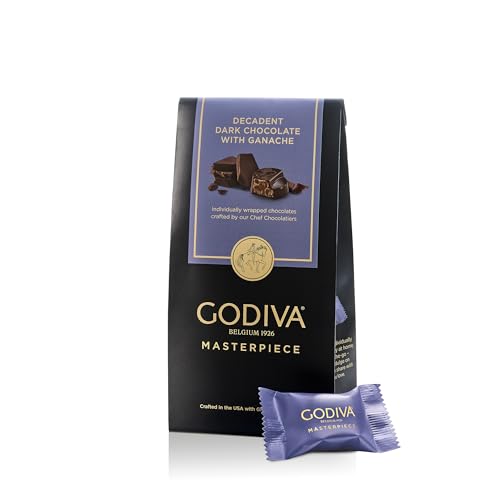 Godiva Masterpiece dark chocolate bag packaging showcases luxury gift-ready presentation.