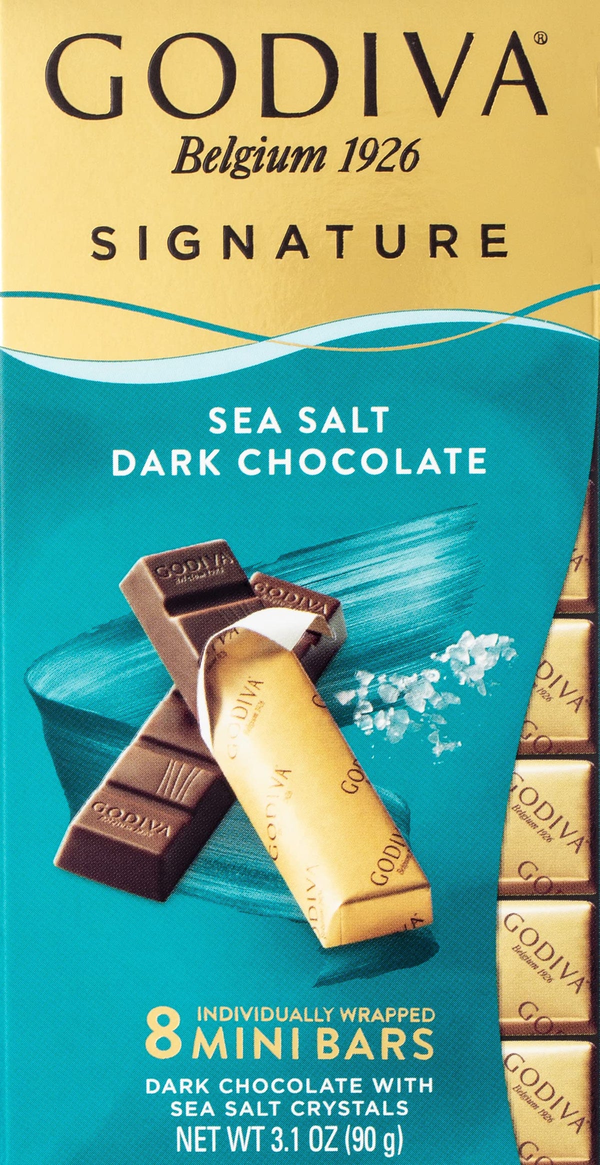 Godiva Signature Sea Salt Dark Chocolate mini bars in a 12-piece carton for gifting