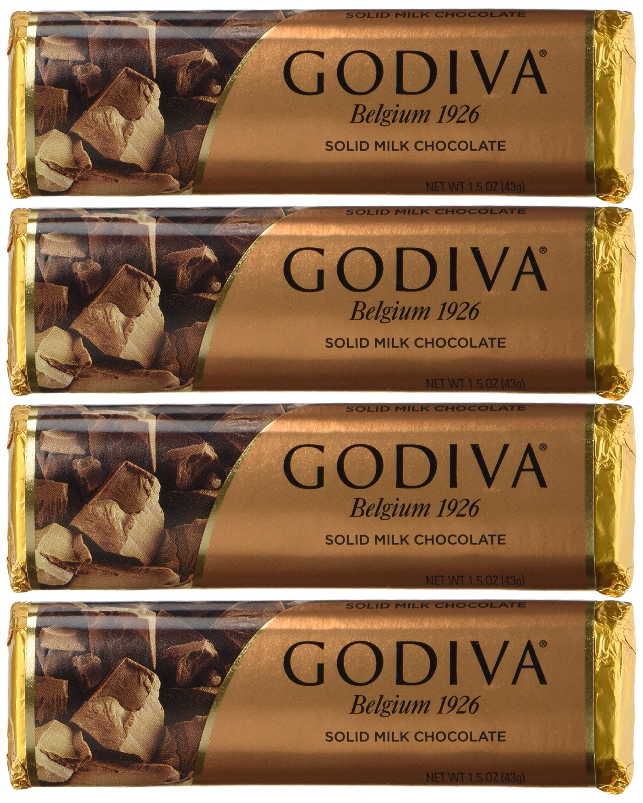 Godiva solid chocolate four-pack packaging varies, ideal for gifting.