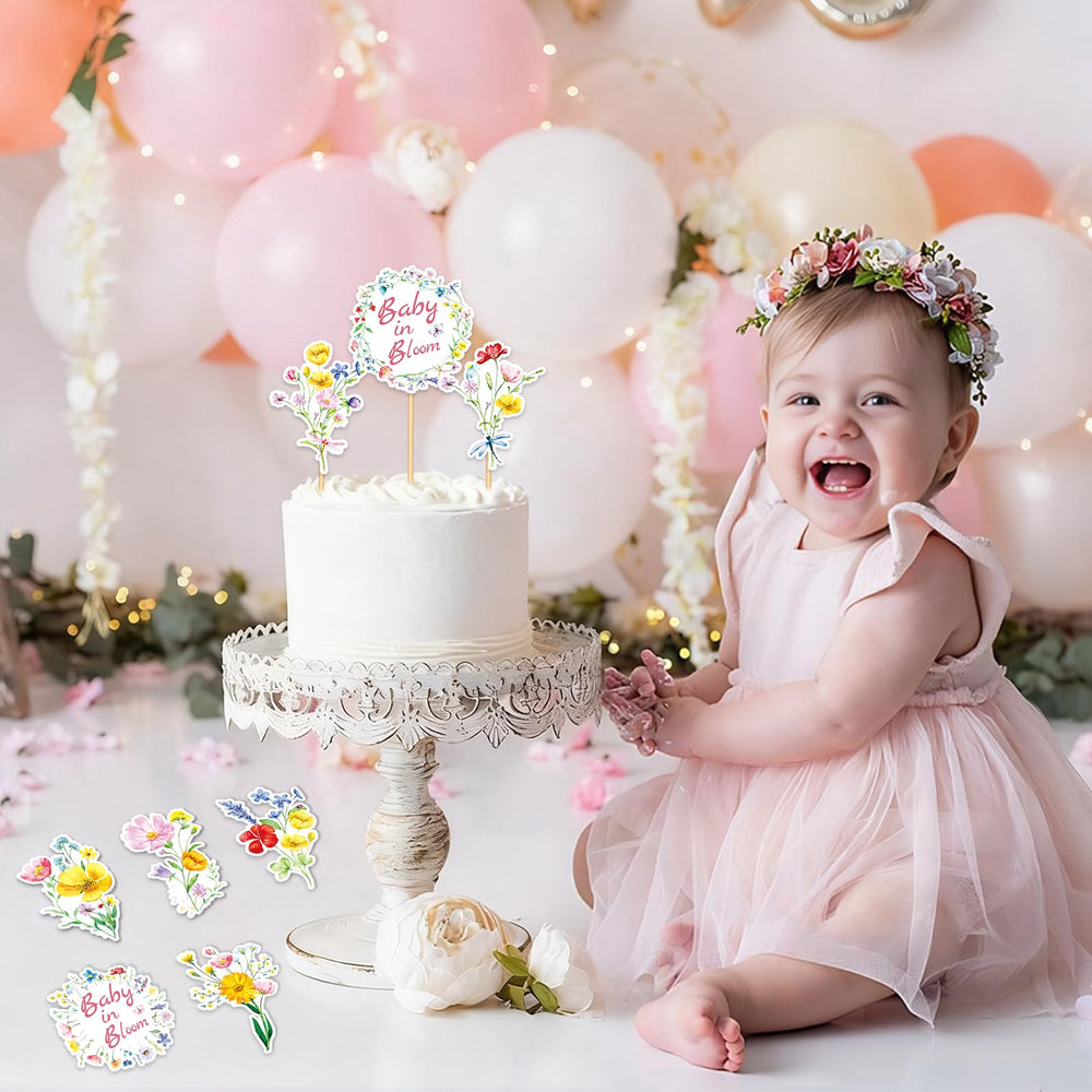 GodMax Baby In Bloom wildflower toppers with bamboo sticks for easy decorating