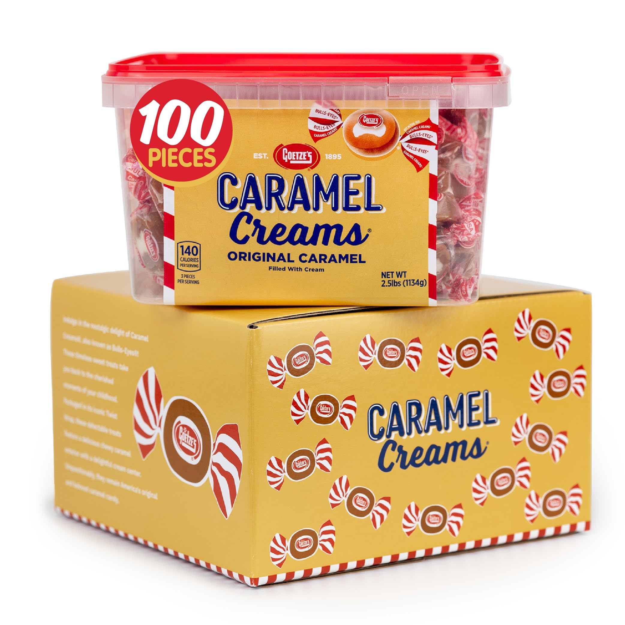 Goetze's caramel creams 100 count tub close-up showing creamy center for snacking