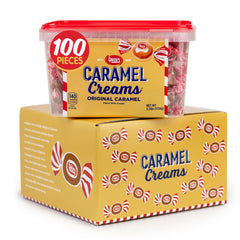 Goetze's caramel creams 100 count tub close-up showing creamy center for snacking
