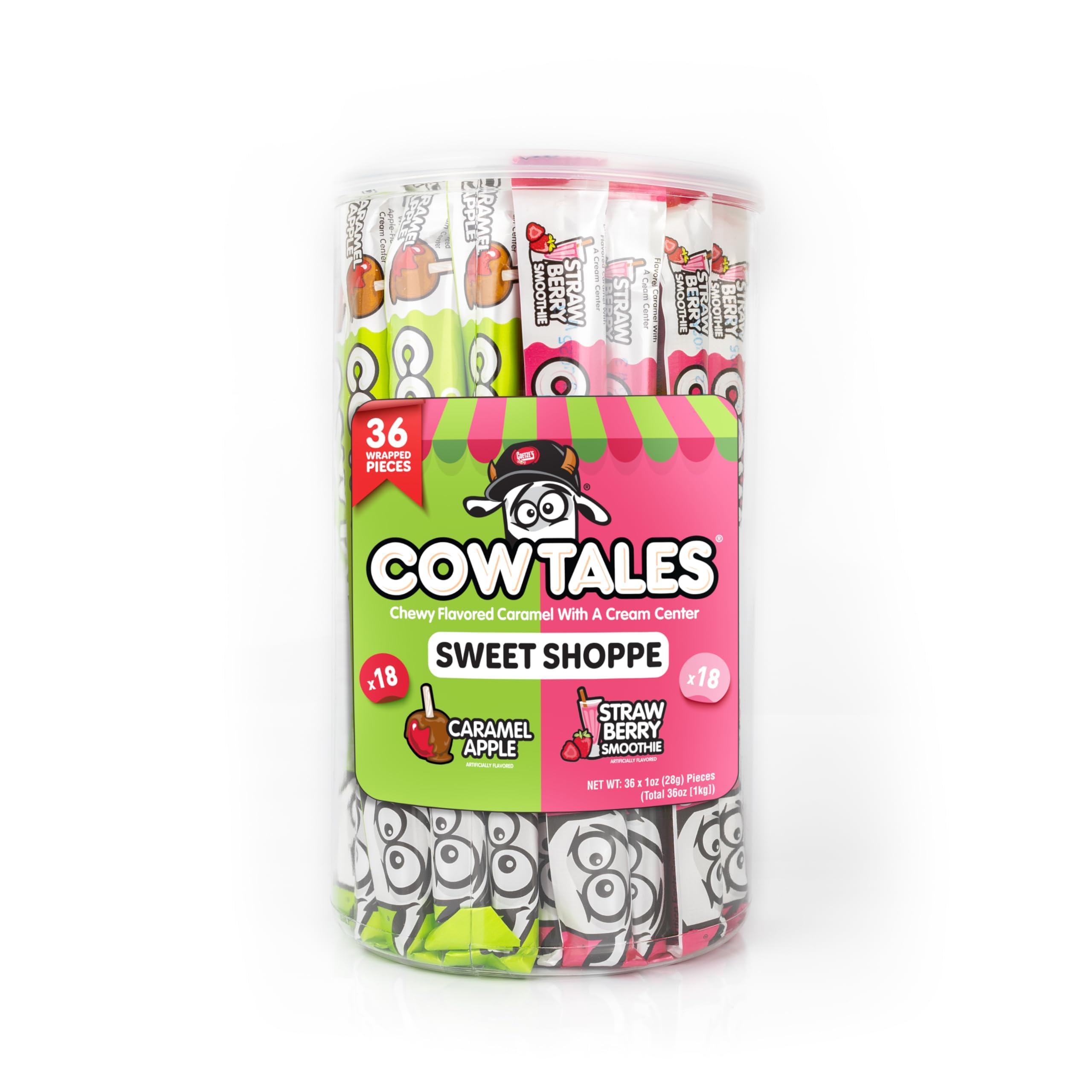 Goetze's Cow Tales Strawberry Smoothie canister, creamy center delivers fruity nostalgia for any snack moment.