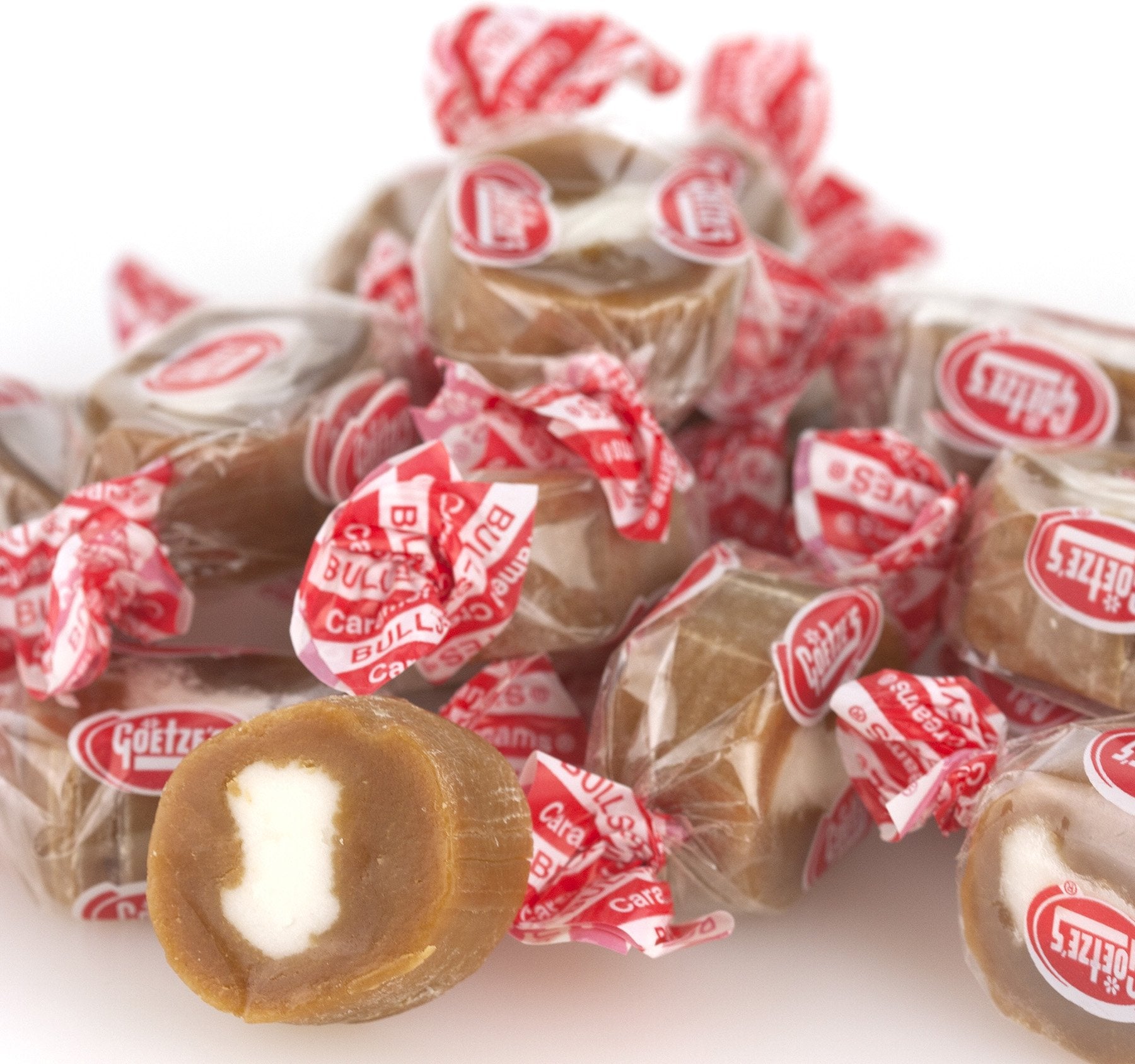 Goetze's Vanilla Caramel Creams bag showing creamy center for a snackable indulgence.