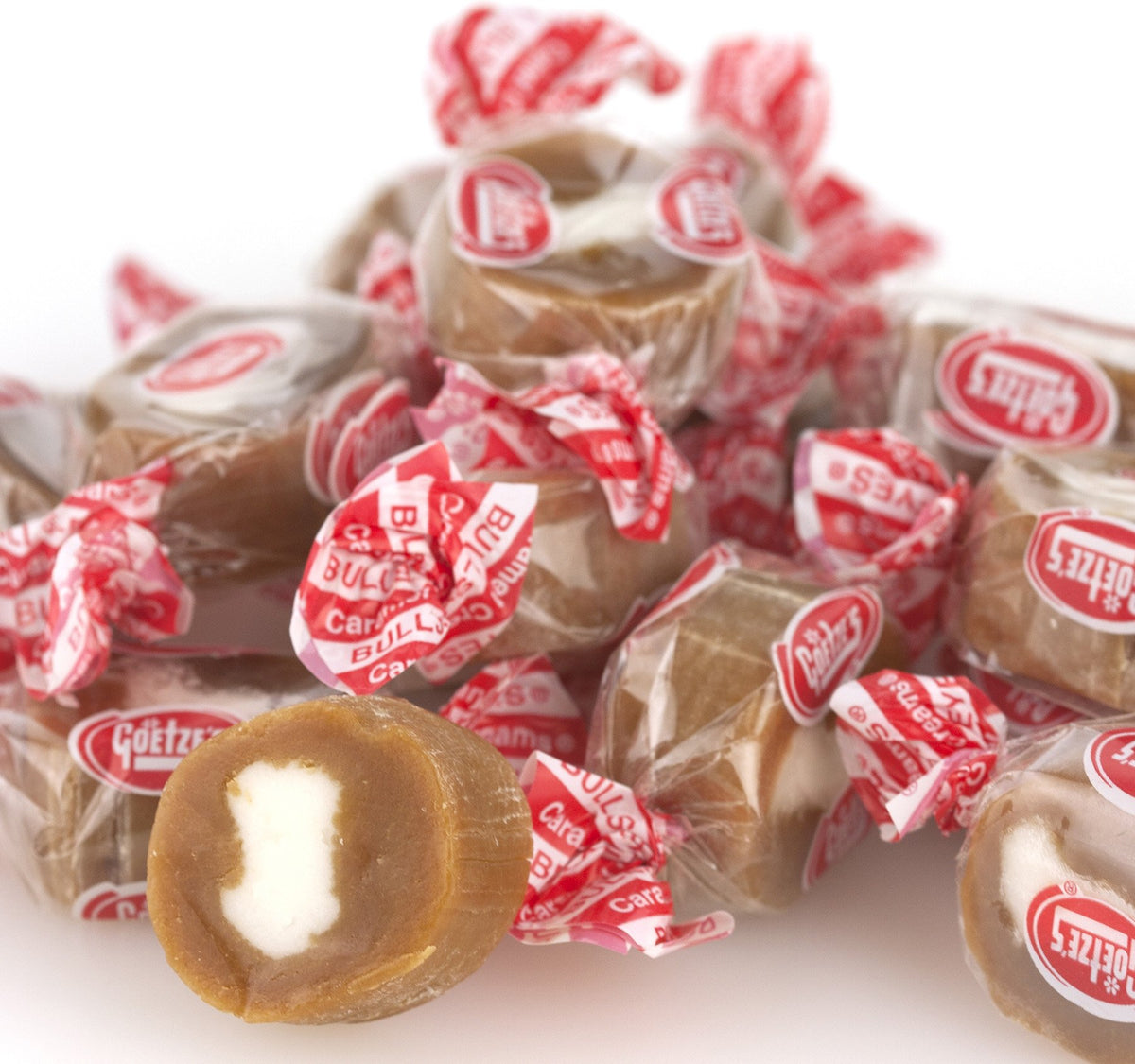 Goetze's Vanilla Caramel Creams bag showing creamy center for a snackable indulgence.