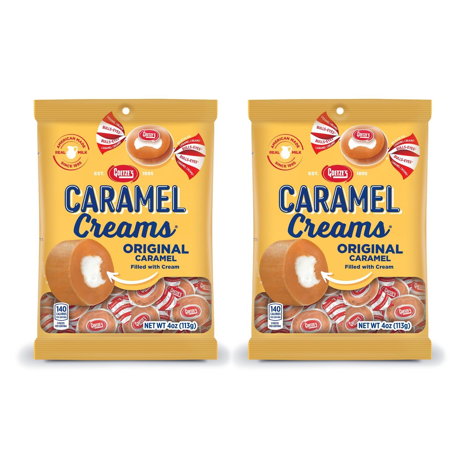 Goetze's Vanilla Caramel Creams pack front; a classic snack option for sharing
