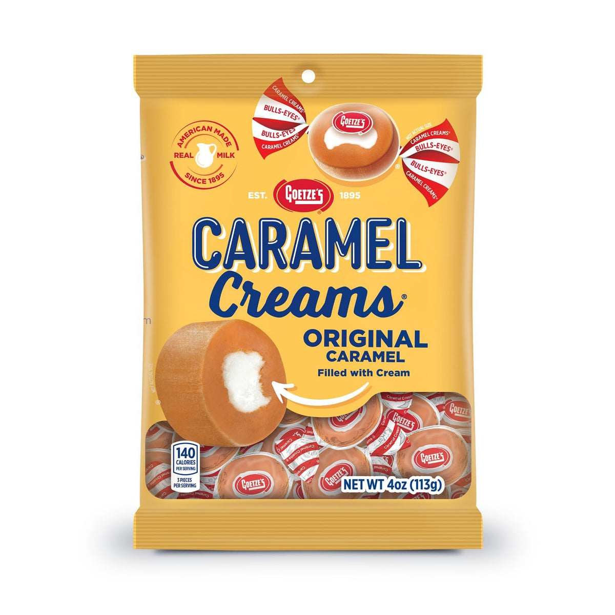 Goetze's Vanilla Caramel Creams package highlights fresh-from-factory candy ideal for sharing.