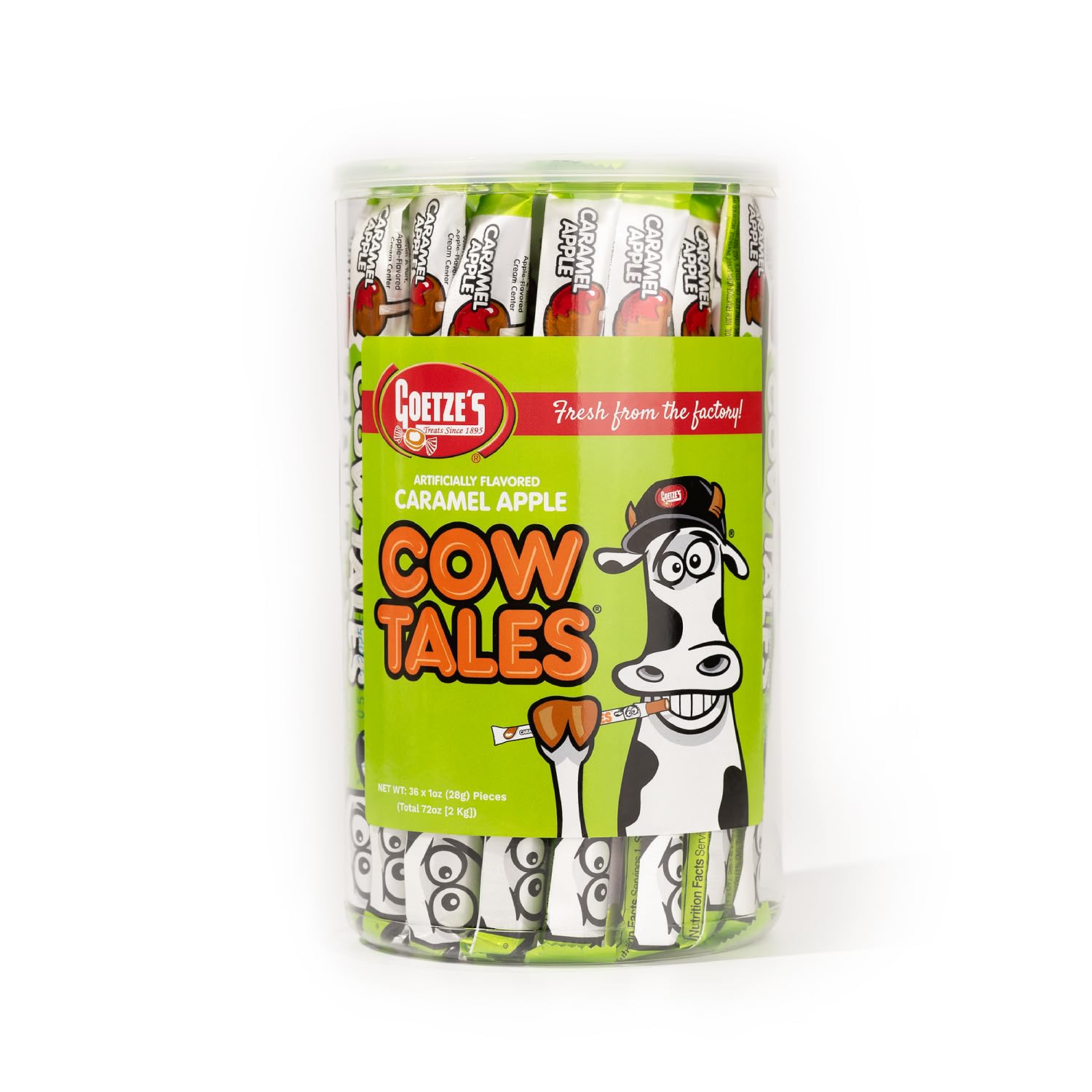 Goetze's Caramel Apple Cow Tales canister on display, ready for snacking.