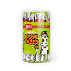 Goetze's Caramel Apple Cow Tales canister on display, ready for snacking.