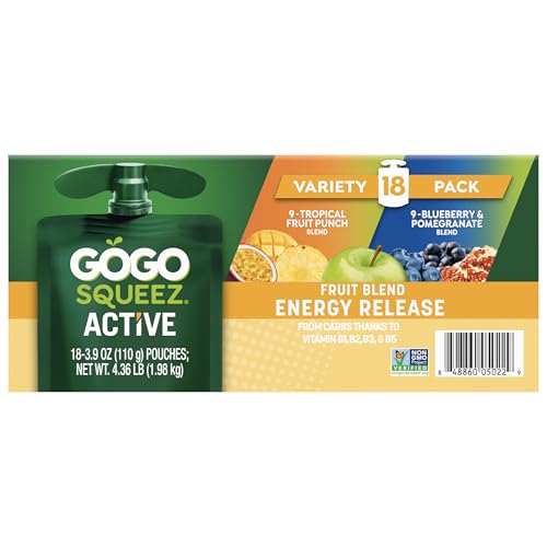 GoGo squeeZ Active Energy Release 20% bigger pouch shown for extended snacking.