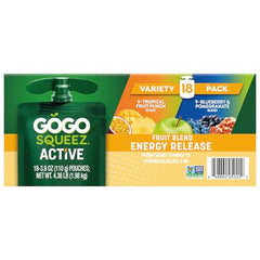 GoGo squeeZ Active Energy Release 20% bigger pouch shown for extended snacking.