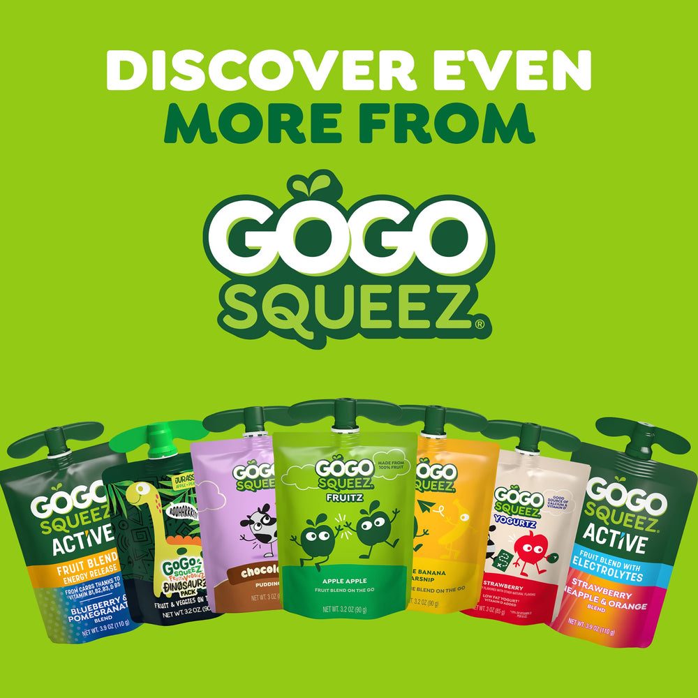 GoGo squeeZ Active Energy Release blueberry pomegranate flavor with nutrition icons.