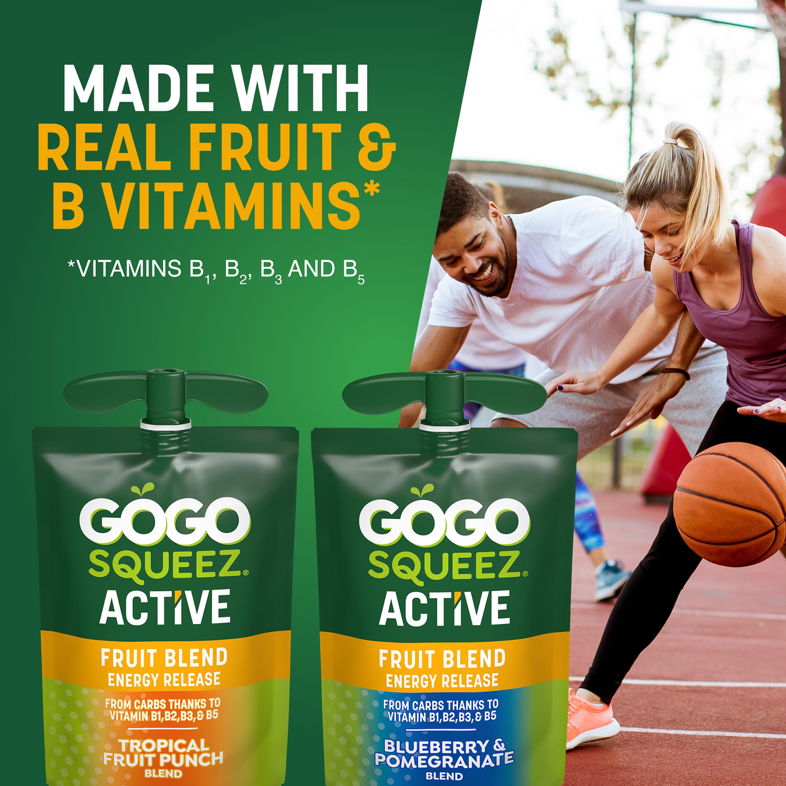 GoGo squeeZ Active Energy Release gluten-free, nut-free, dairy-free label visible.