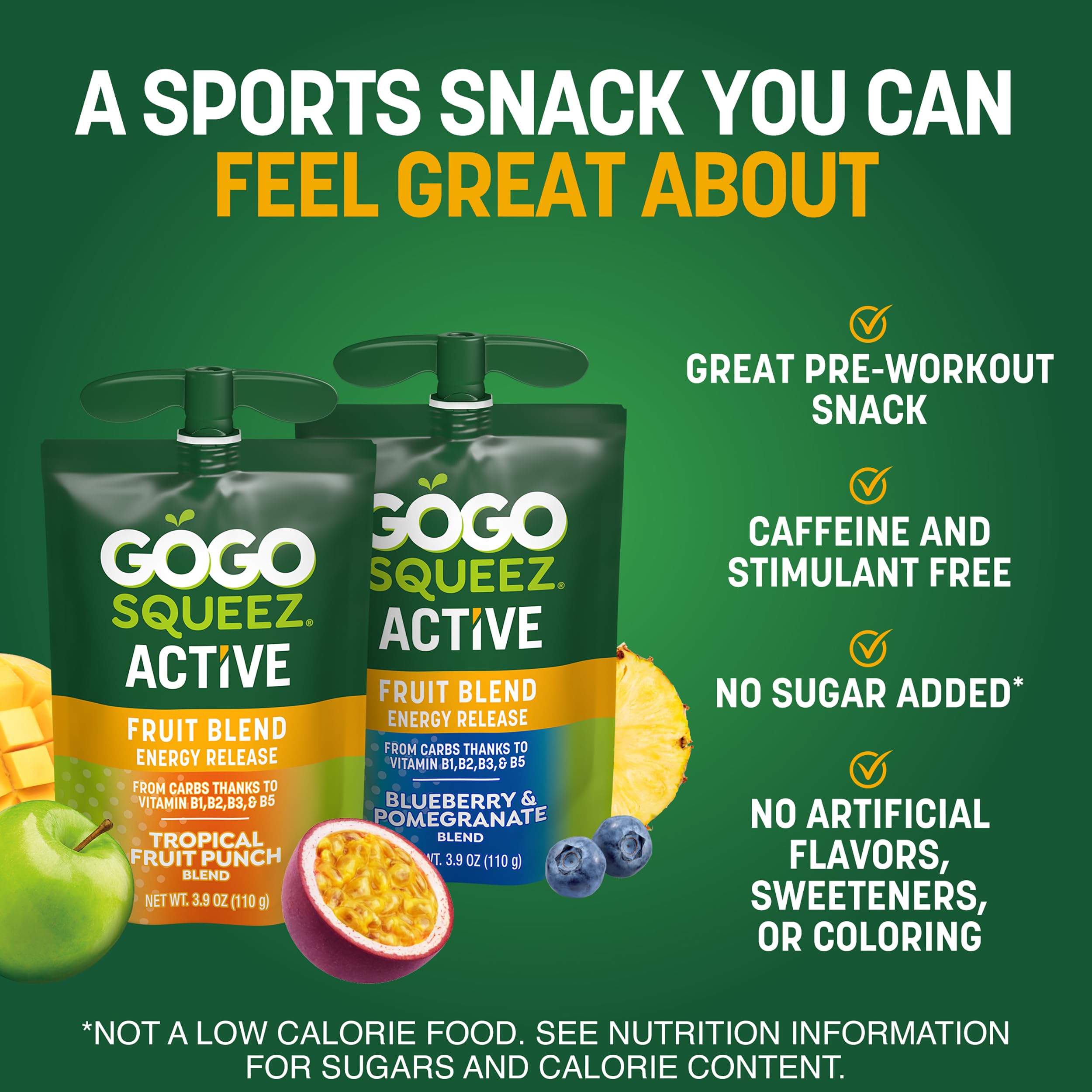 GoGo squeeZ Active Energy Release ready-to-squeeze pouch in a gym bag setting.