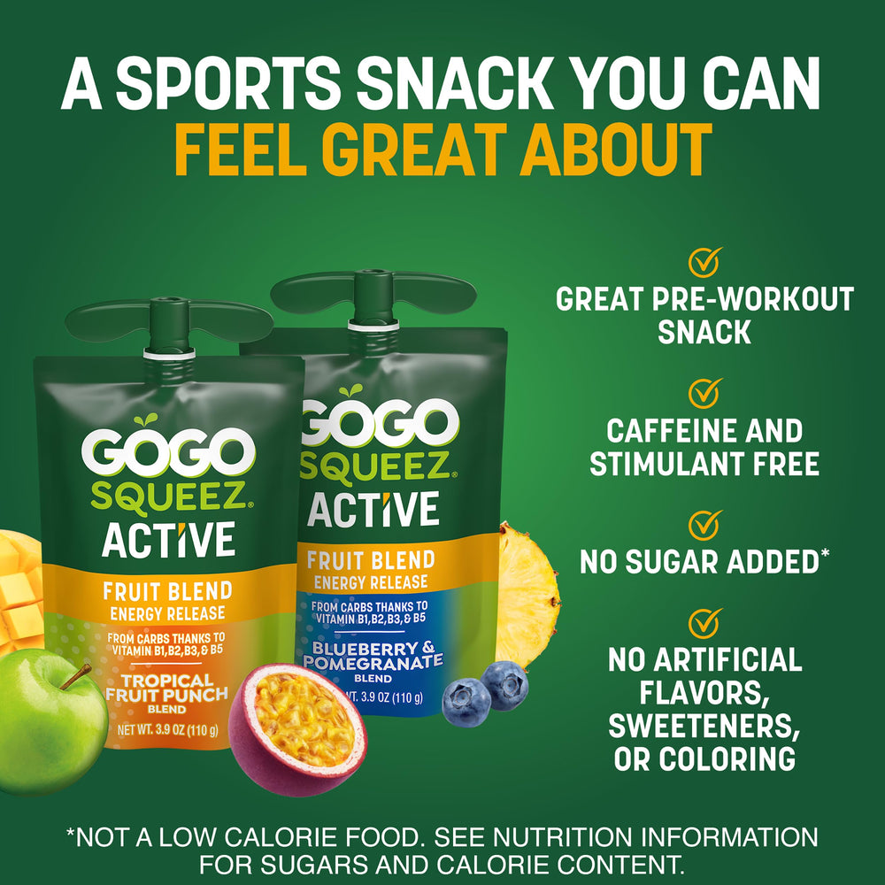 GoGo squeeZ Active Energy Release ready-to-squeeze pouch in a gym bag setting.