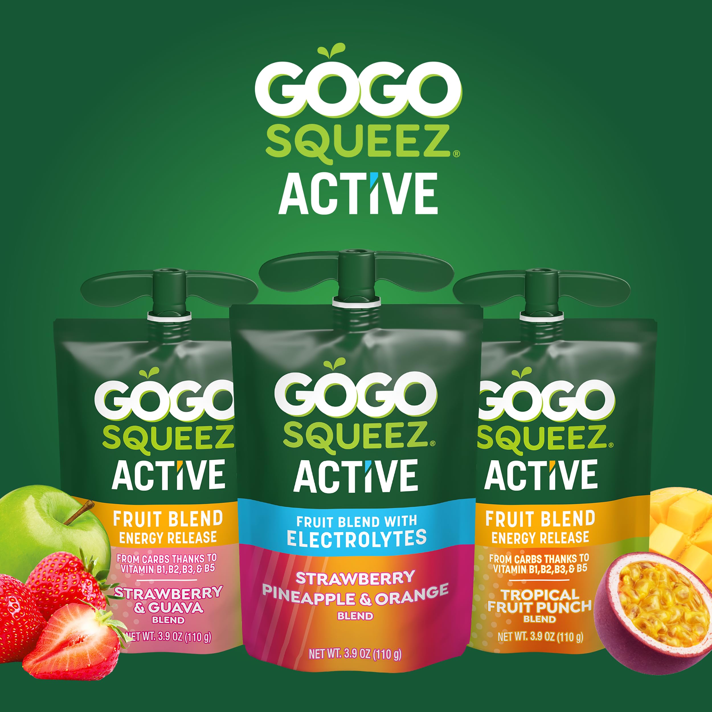 GoGo squeeZ Active Energy Release tropical fruit punch flavor close-up.