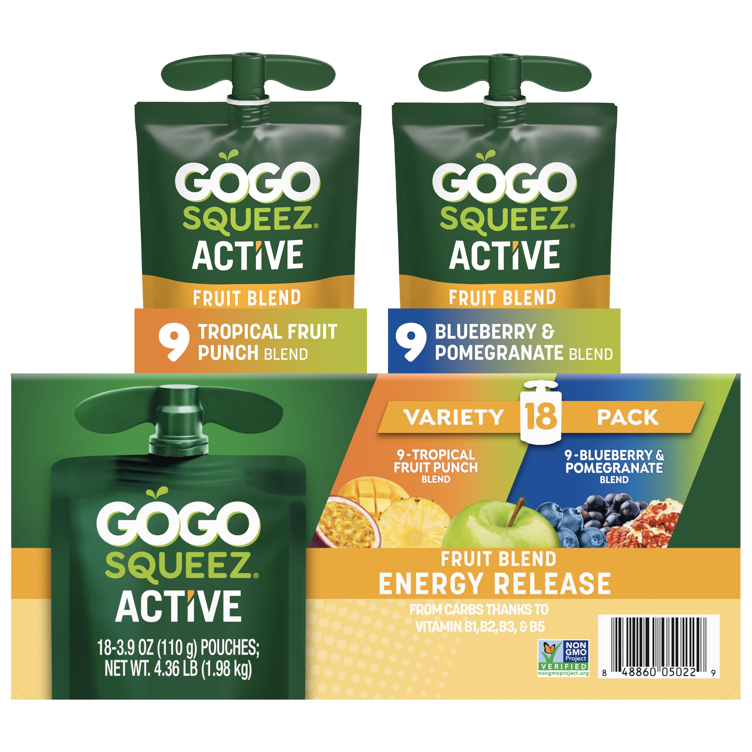 GoGo squeeZ Active Energy Release tropical fruit punch pouch with real fruit for on-the-go energy.
