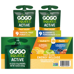 GoGo squeeZ Active Energy Release tropical fruit punch pouch with real fruit for on-the-go energy.