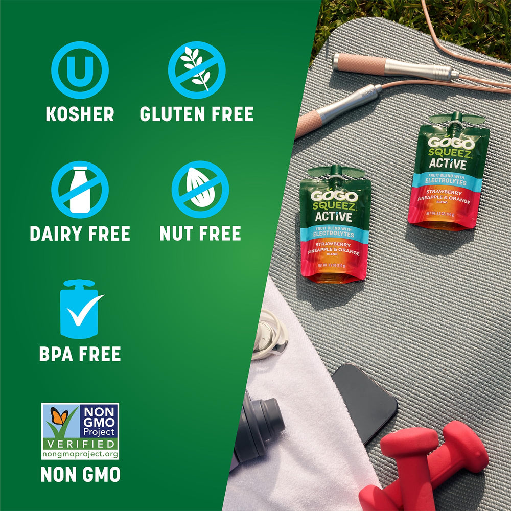 Gluten-free, nut-free, dairy-free GoGo squeeZ Active snack.
