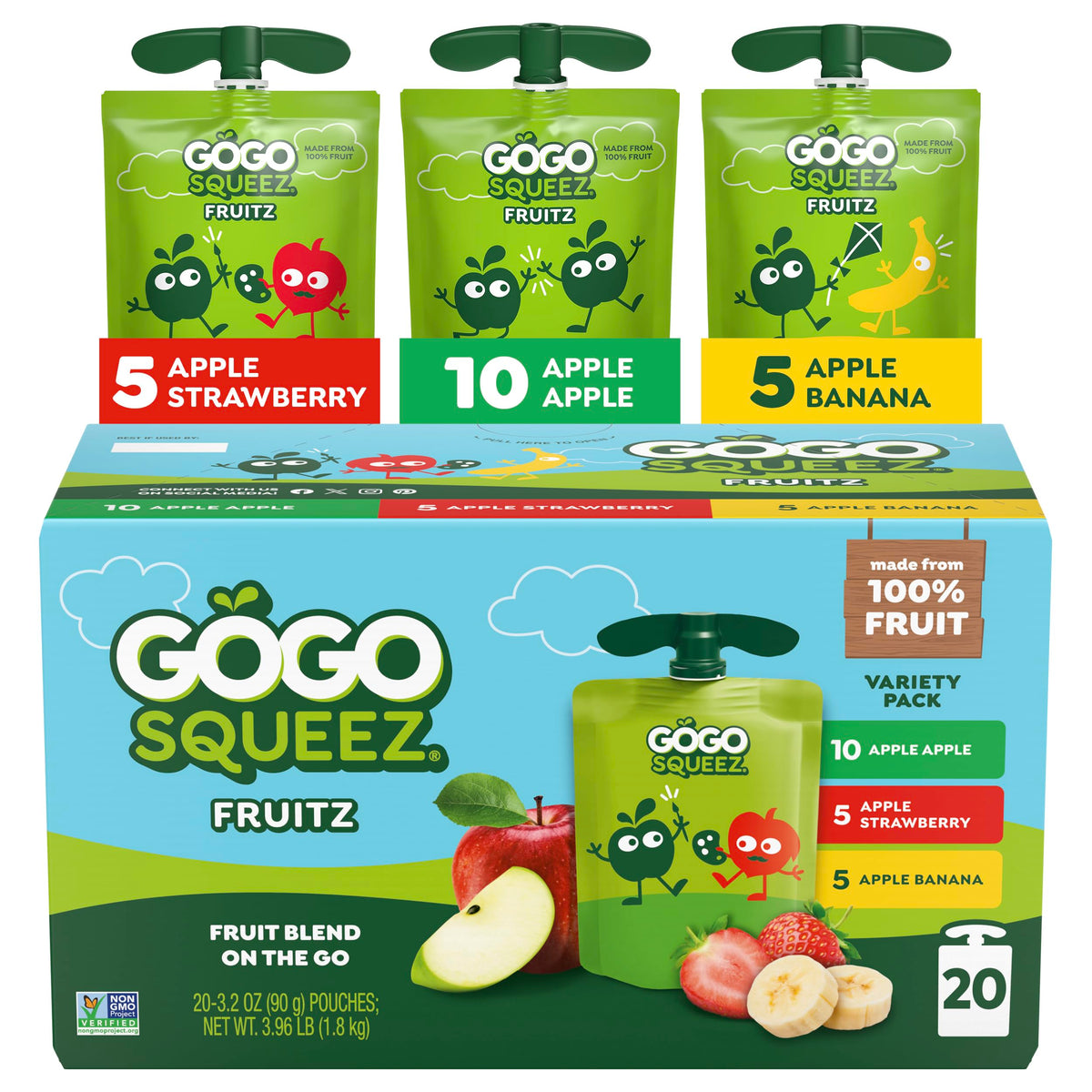 GoGo squeeZ Apple Apple puree pouch for on-the-go unsweetened snacking.