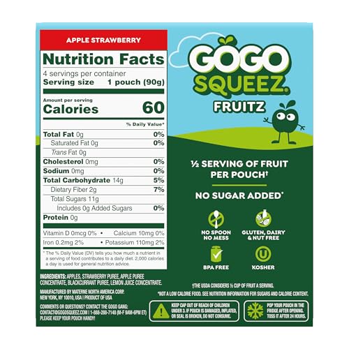 GoGo squeeZ Apple Strawberry pouch with recloseable cap, ideal for busy families.