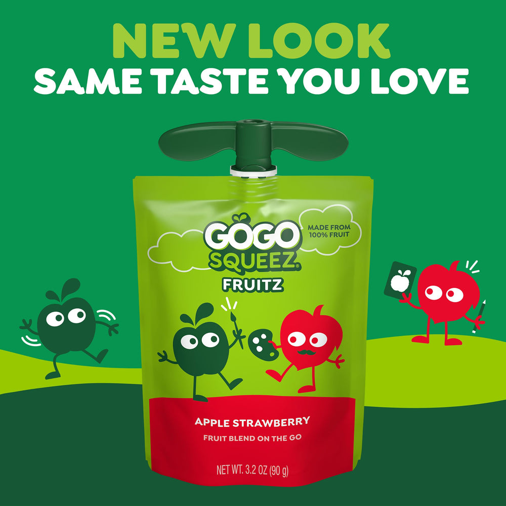 Single-serve GoGo squeeZ Apple Strawberry for lunch boxes or backpacks.