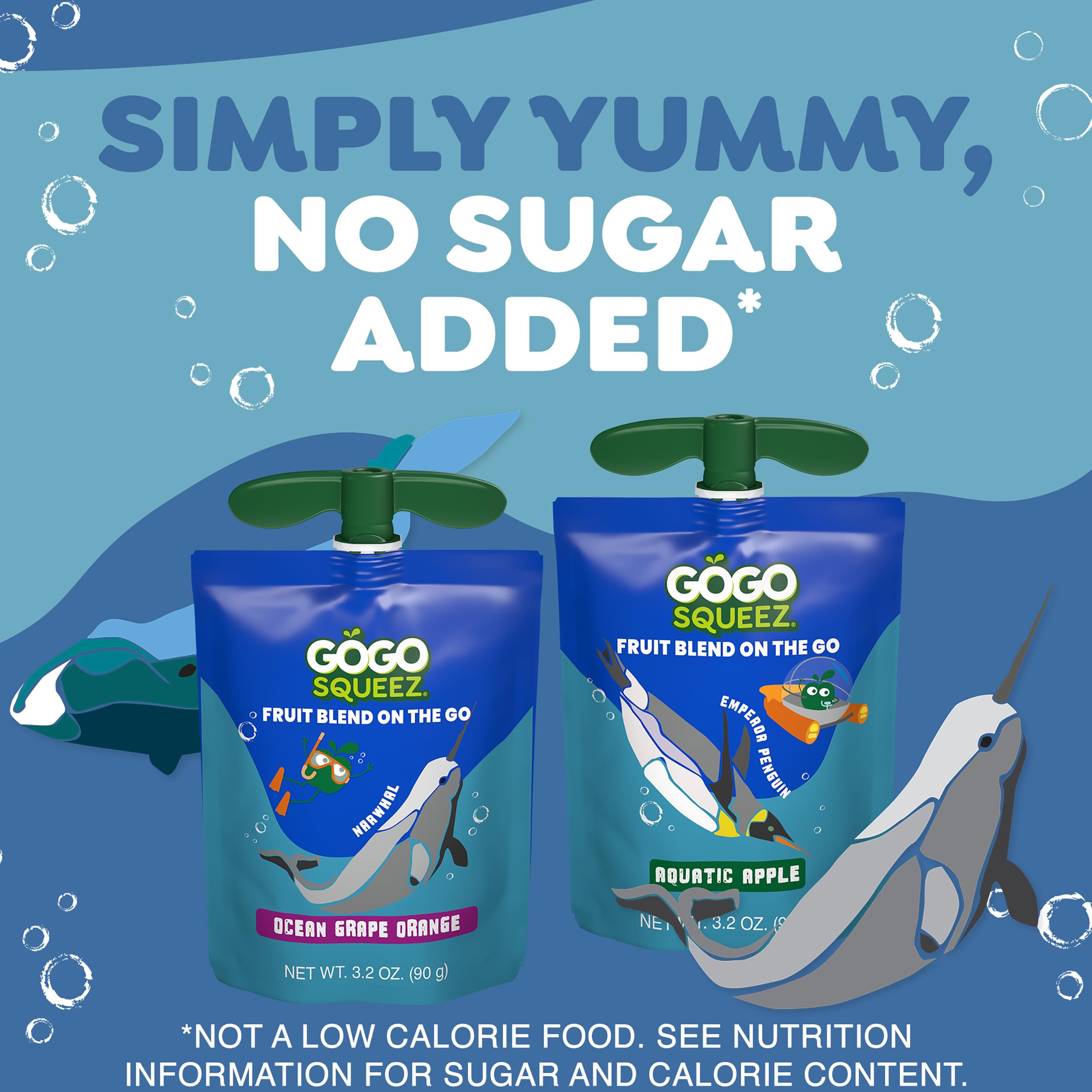 GoGo squeeZ Bowhead Whale pouch; half serving of fruit per pouch for portion control.