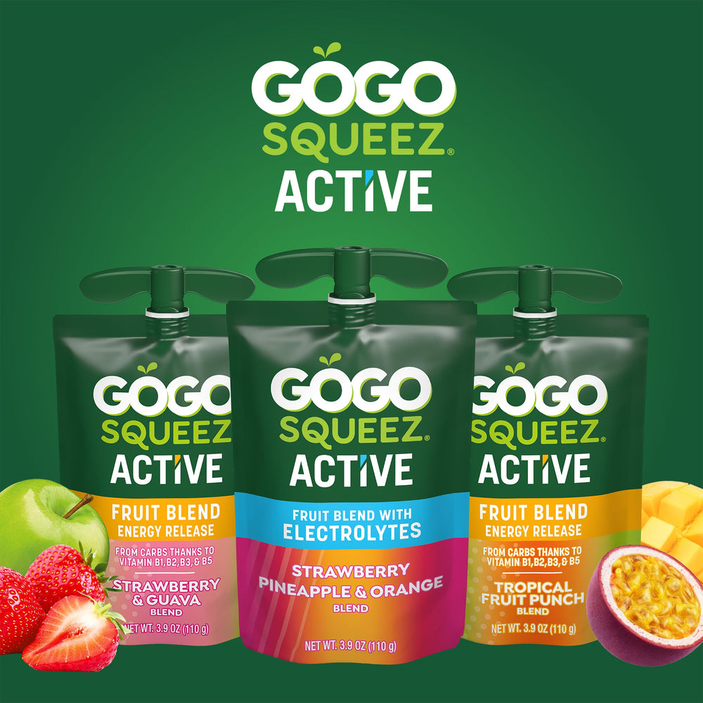 Colorful fruit blend in a portable GoGo squeeZ pouch.