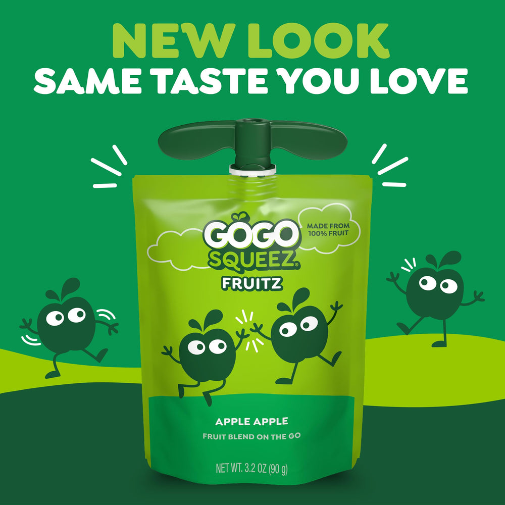 GoGo squeeZ pouch with easy-open cap and built-in straw for mess-free use