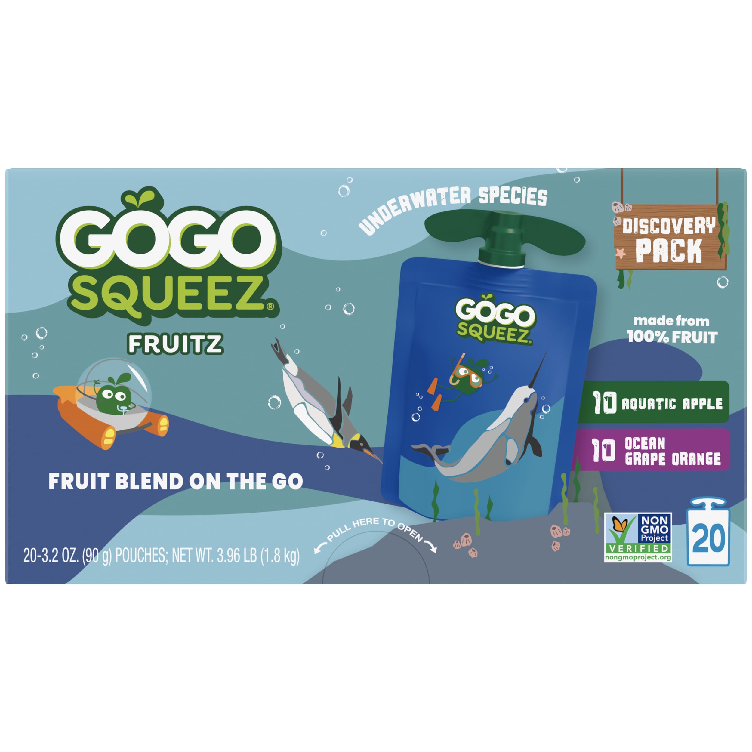 GoGo squeeZ Emperor Penguin pouch; child friendly packaging keeps snacks mess-free.