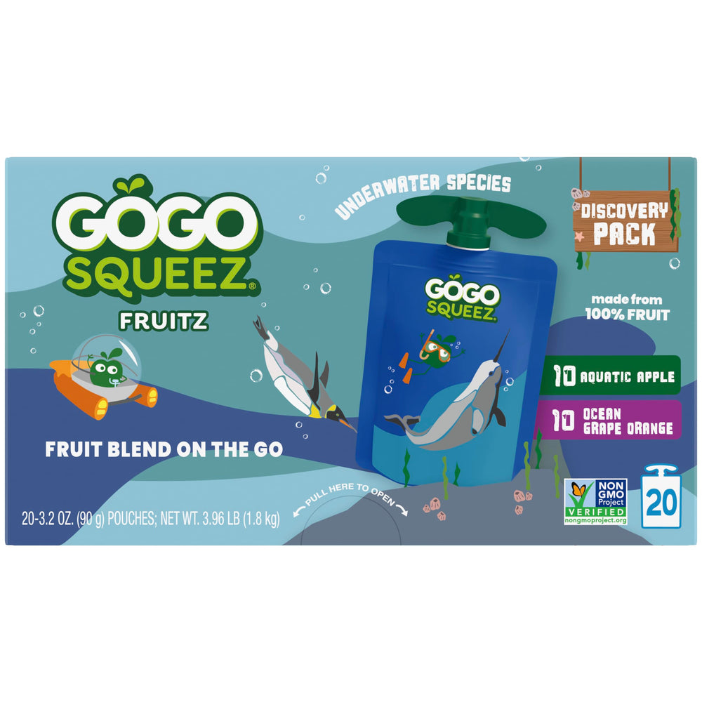 GoGo squeeZ Emperor Penguin pouch; child friendly packaging keeps snacks mess-free.