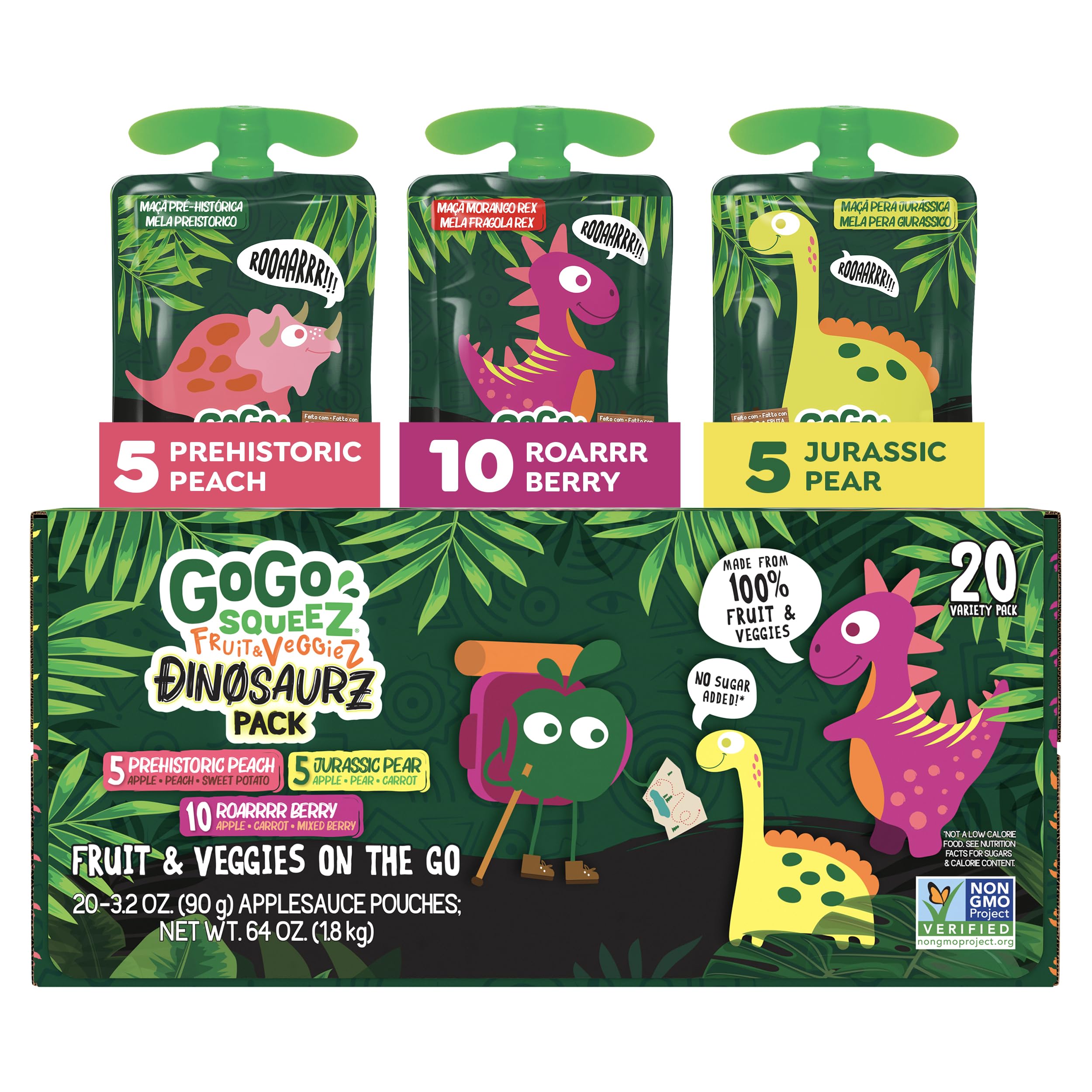 GoGo squeeZ Jurassic Peach pouch for on-the-go, mess-free snacking.
