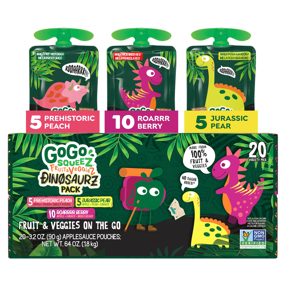 GoGo squeeZ Jurassic Peach pouch for on-the-go, mess-free snacking.