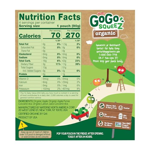 GoGo squeeZ Organic Apple Apple pouch label close-up showing unsweetened fruit and no added sugar.